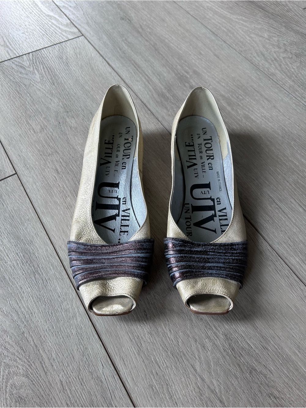Un Tour En Ville Metallic Gold Peep Toe Flats Bronze Purple Patchwork French